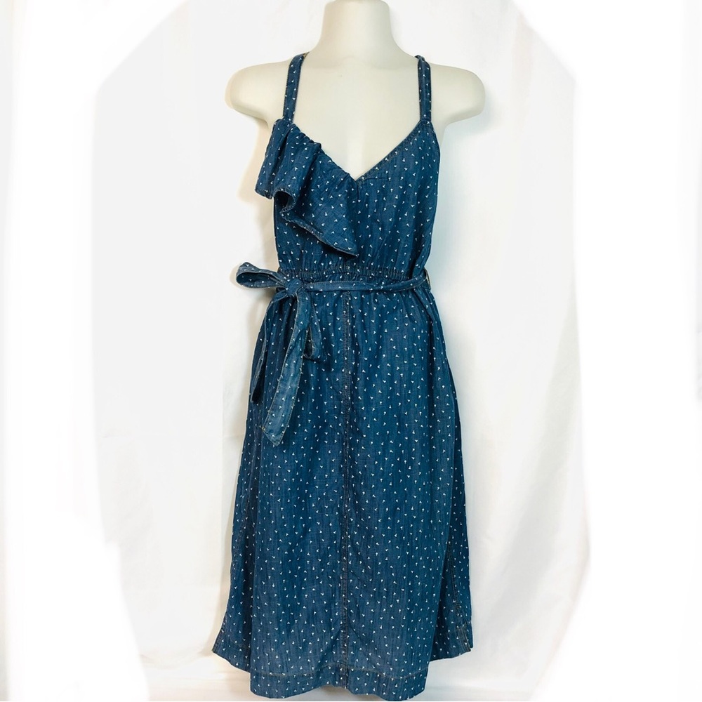 Cotton Motherhood Maternity Blue Chambray Polka Dot Maternity Midi Dress